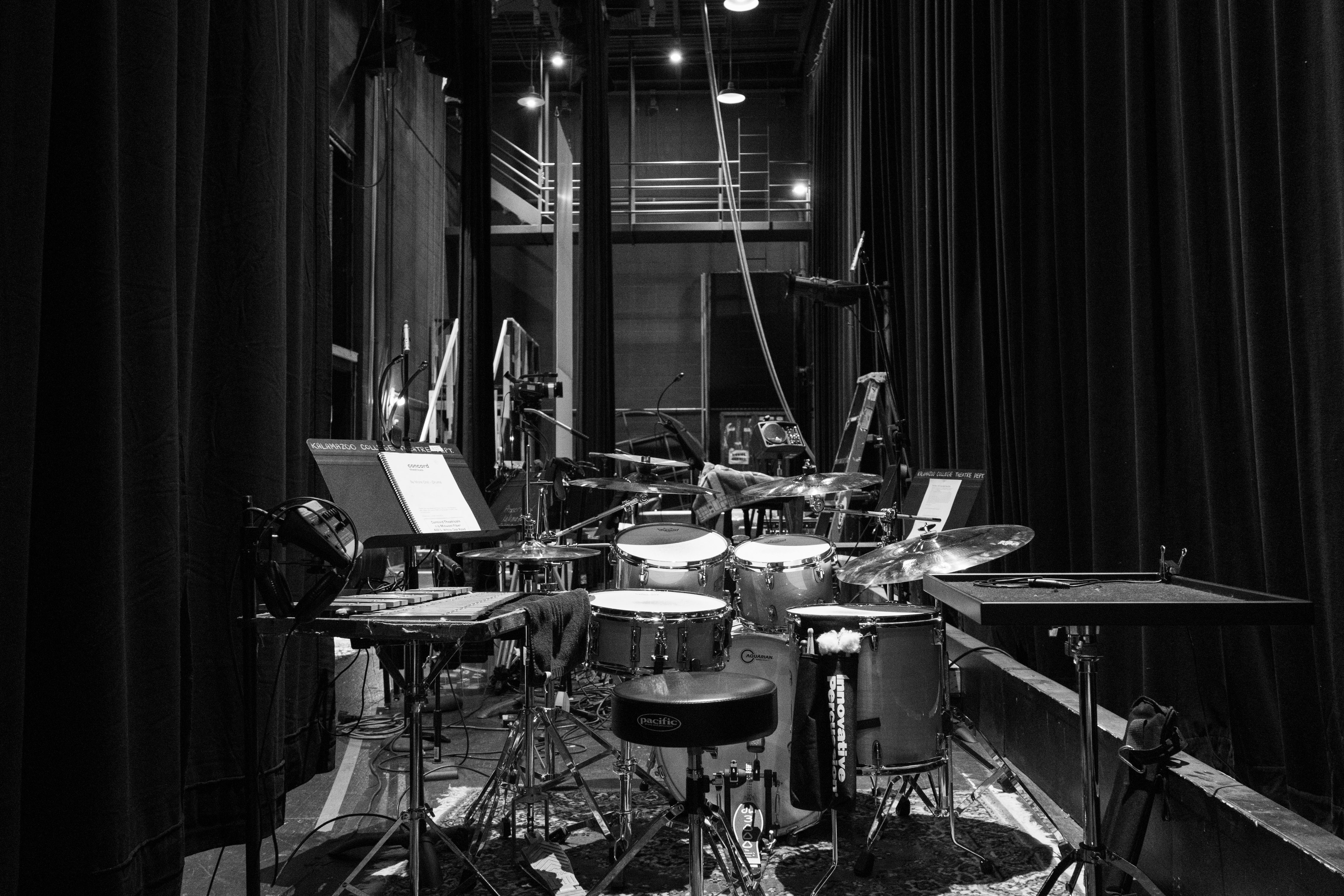 Photo of the drumset used during Kalamazoo College's 2024 production of 'Be More Chill'.